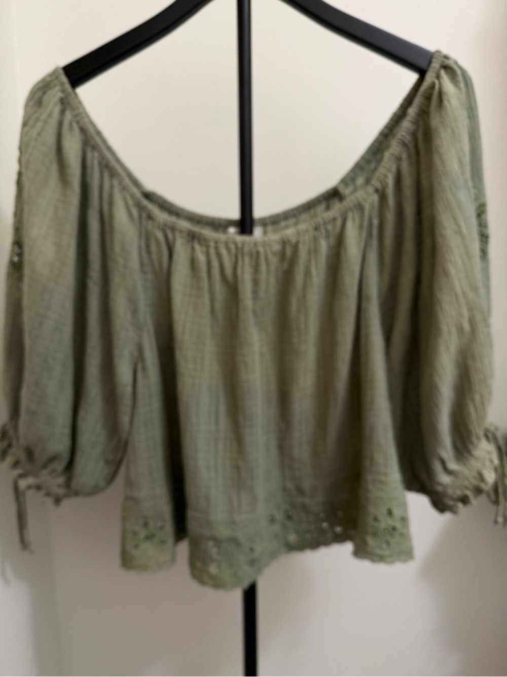 American Eagle Olive Off-Shoulder Peasant Top - Women